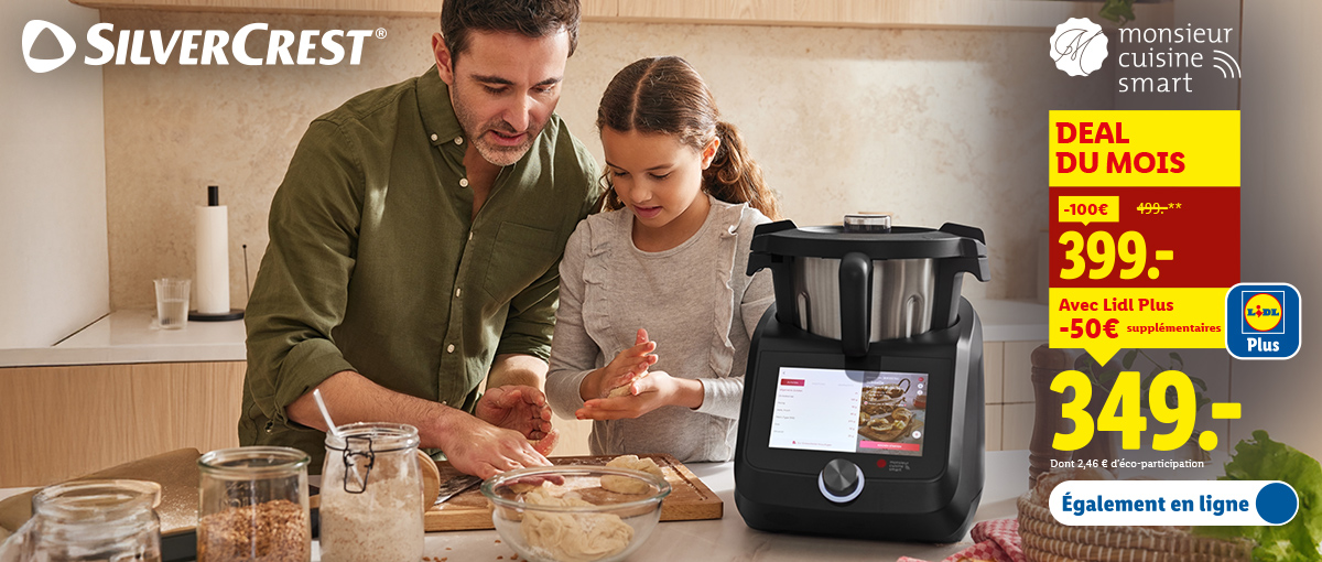 Monsieur Cuisine Smart disponible en ligne et en supermarché au prix de 349 € à la place de 499 € avec Lidl Plus